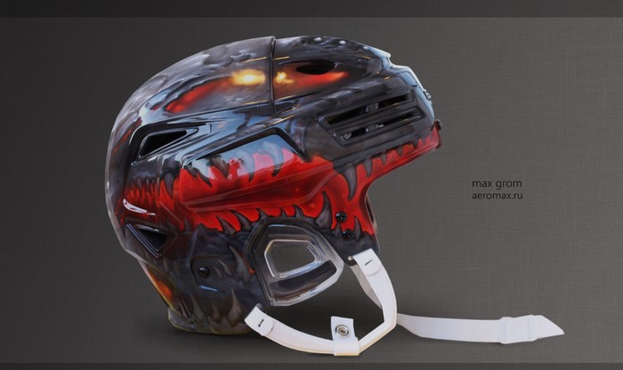 аэрография на шлеме вратаря в угрожающем стиле. рисунок на хоккейном шлеме игрока, студия аэрографии макс гром москва.